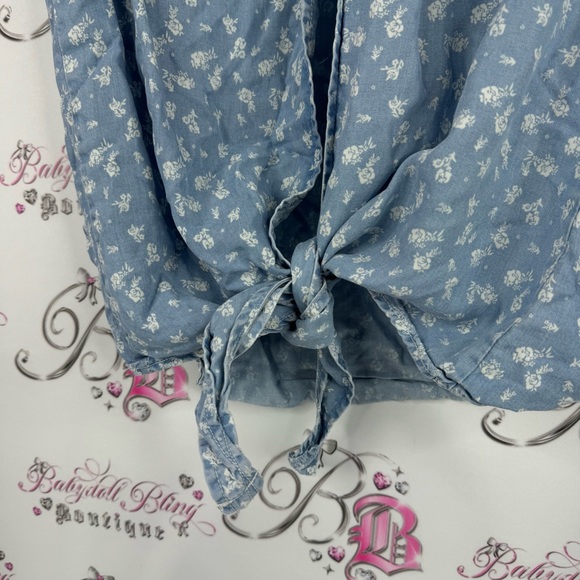 Velvet heart tank top button up tie up bottom Floral Denim Sleeveless Blouse - Picture 3 of 6